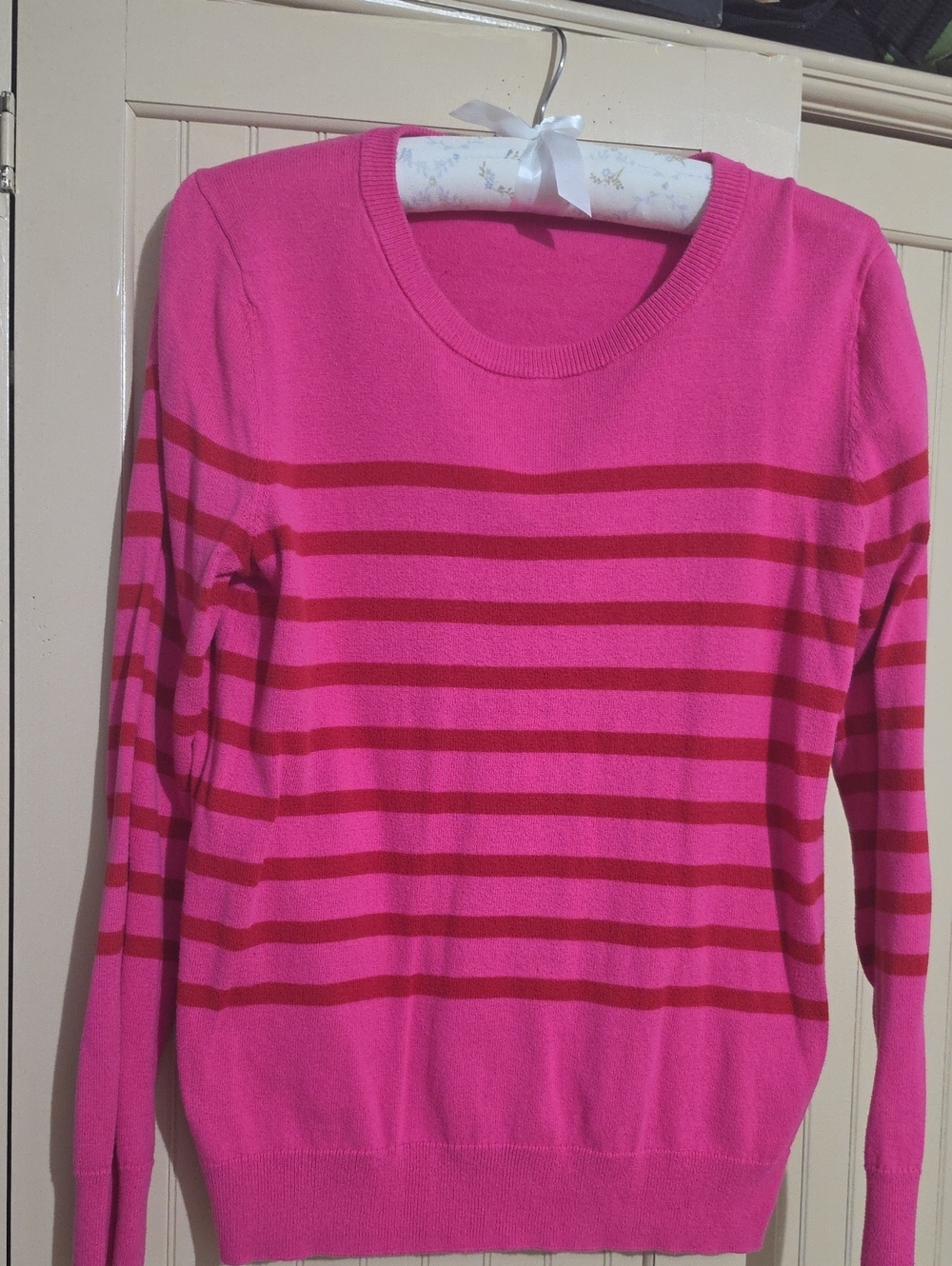 GAP Hot Pink Crewneck Sweater with Red Stripes
